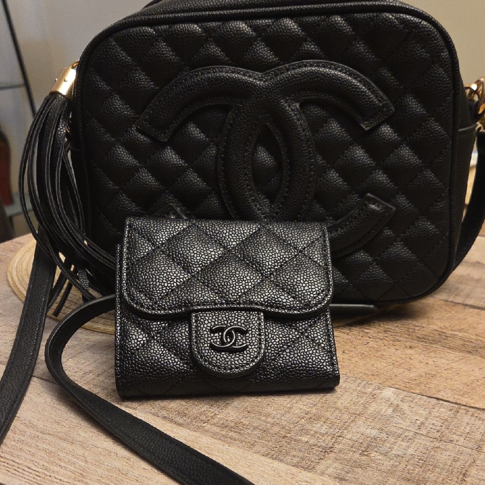 Fashion Designer Shhhhanel 😉Black Quilted Crossbody Bag with Tassel w/ Wallet